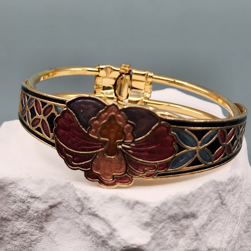 Cloisonne Style Enamel Orchid Floral Wide Hinged Cuff Bracelet Gold Tone Black